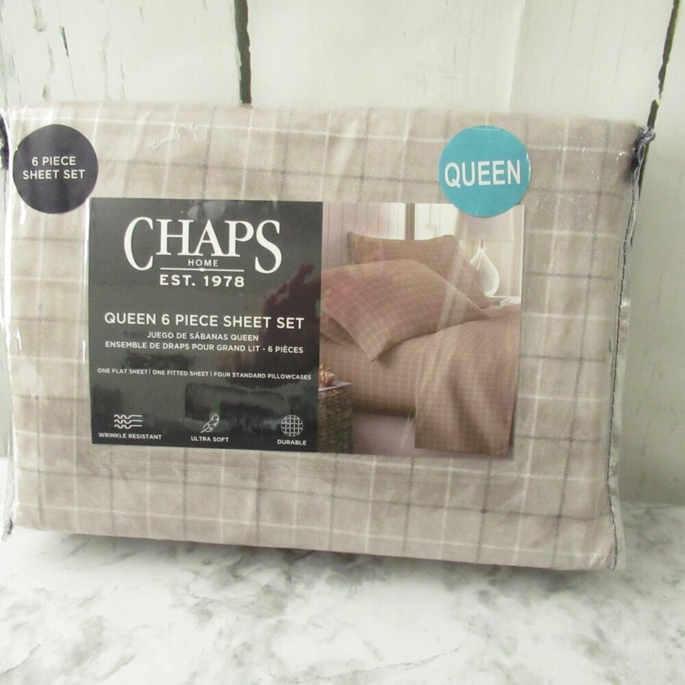Chaps Sheets Queen Size Beige Plaid Wrinkle Resistant Ultra Soft 6 Piece Set‎